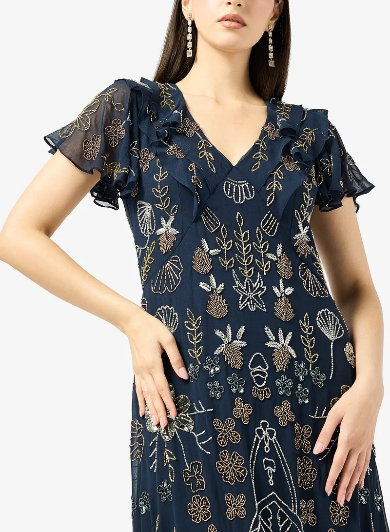 Frock And Frill  Embroidered Short Sleeve Midi Dress for Women | Best Price UAE